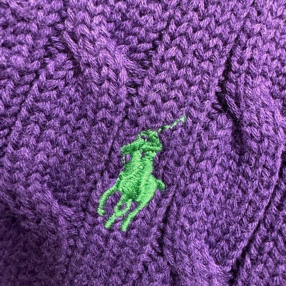 Vintage Ralph Lauren Sport Size M/L Sweater Purple Cable Knit V Neck Green Pony - Picture 4 of 5